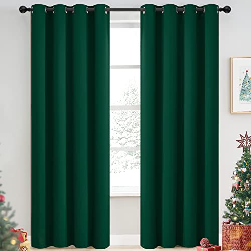 Yakamok Dark Green Blackout Curtains for Bedroom, Room Darkening Thermal Insulated Grommet Window Curtains, Light Blocking Blackout Drapes for Living Room,52Wx84L inch,2 Panels