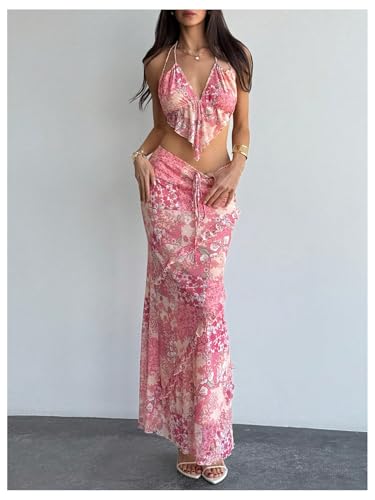 GORGLITTER Women's Floral Maxi Skirt Ruffle Trim Bodycon Pencil Flowy Long Skirts Summer Trendy Dressy 20254