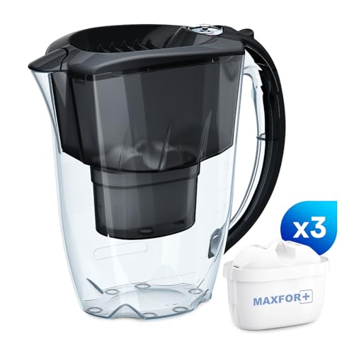 AQUAPHOR Amethyst Fridge Water Filter Jug, Includes 3 x Maxfor+ Cartridges to Reduce Lime, Chlorine & Heavy Metals, Plastic, Volume 2.8 L. (Black)