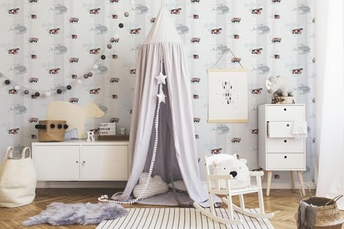 A.S. Création PVC-freie Vliestapete Little Stars Tapete mit Feuerwehr Autos 10,05 m x 0,53 m grau rot schwarz Made in Germany 358131 35813-1