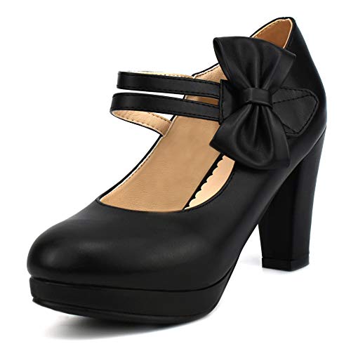 Chic Women Bow Block High Heel Mary Janes Ankle Strap Pumps Sweet Shoes Closed Toe Comfort Dress Party Pumps with Hook Loop