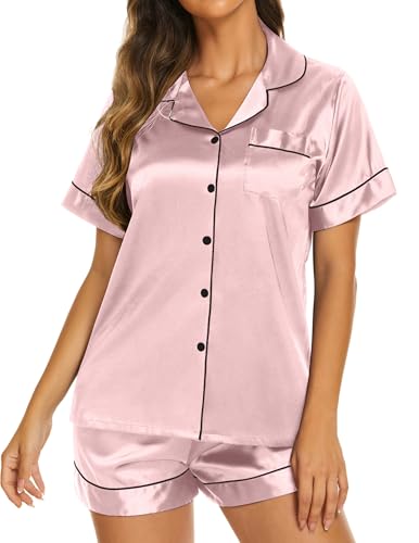 Image of Ekouaer Silk Pajamas for Women Short Sleeve Sleepwear Soft Button Down Loungewear 2 Piece Satin Pjs Shorts Set