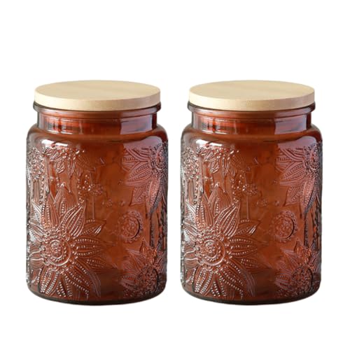 ANSQU Set of 2 Vintage Glass Kitchen Storage Counter Jar, 23.7 FL OZ Candy Jars with Lids, Coffee Container for Ground Coffee, Mason Jar Hold Tea, Sugar, Bath Salts & More (Brown, 2 Pack)