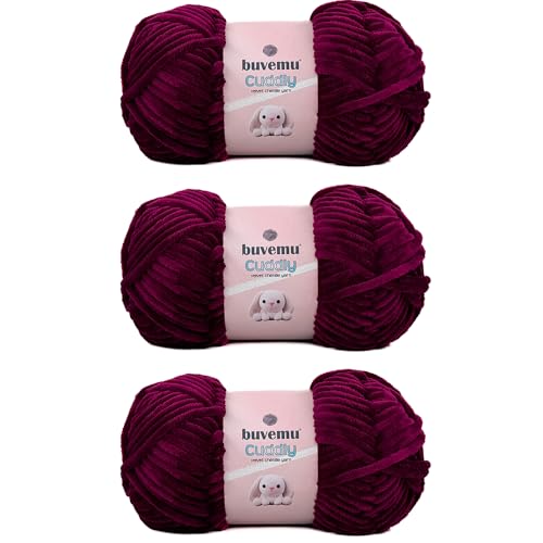 Image of Cuddly Velvet Chenille Yarn, Super Soft Fluffy Bulky for Knitting Crocheting Blanket Amigurumi, Durable for Shedding, 100 Gram (3.53 Ounces) 109 Yards (100 Meters) (Mulberry) (3 Skeins)