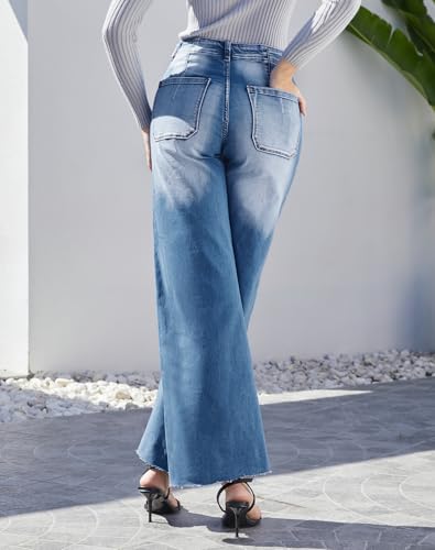 Women’s Wide Leg Jeans High Waisted Stretchy Cut Off Loose Denim Pants3