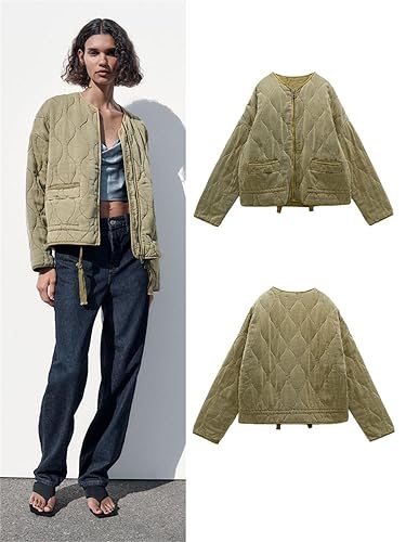 Zadaos Spring Rhombic Plaid Cotton Coat Round Neck Loose Long-Sleeved Pocket Decorative Cotton Jacket2