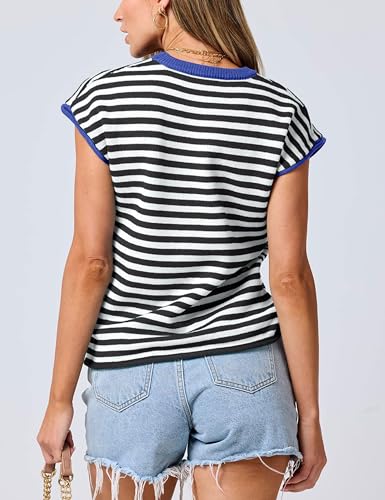 Image of Bozanly Womens Crewneck Striped Knit T Shirts Casual Spring Summer Cap Sleeve Sweater Tank Top 2025(0952-BlackStripe-S)