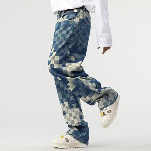 Plus Size Baggy Jeans Men Relaxed Fit Wide Leg Straight Pants,Mosaic Plaid Print Y2K Hip Hop Street Trousers4