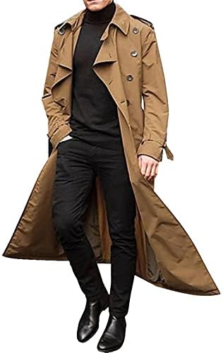 QTOCIO Man’s Double Breasted Trench Coat Oversized Casual Windbreaker Lapel Long Jacket Long Belted Windbreaker Slim Fit Overcoat (Khaki, XL)