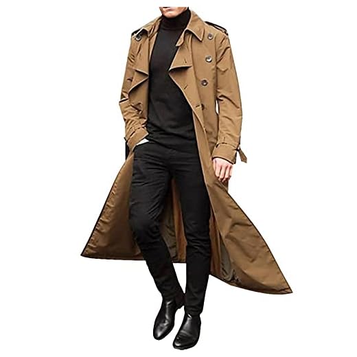 QTOCIO Man’s Double Breasted Trench Coat Oversized Casual Windbreaker Lapel Long Jacket Long Belted Windbreaker Slim Fit Overcoat (Khaki, XL)