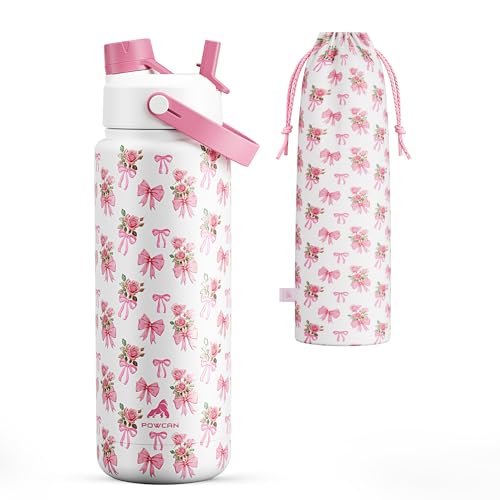 Image of POWCAN 32 oz Insulated Water Bottle with 2-in-1 Straw and Spout Lid, Keep Cold 24H, Leak-Proof, BPA-Free, Double Wall Stainless Steel Water Bottle for Sports, Gym, Travel, Gift, Home (Rosy Bouquet)