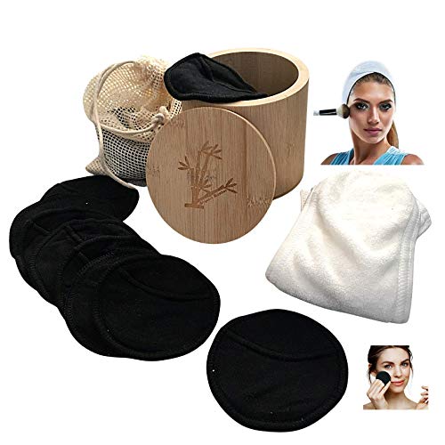 Reusable Makeup Remover Pads with Adjustable Spa Headband. 16 Washable Makeup Remover Pads, Bamboo Holder and Cotton Laundry Bag. Natural Organic Cleansing Skincare set