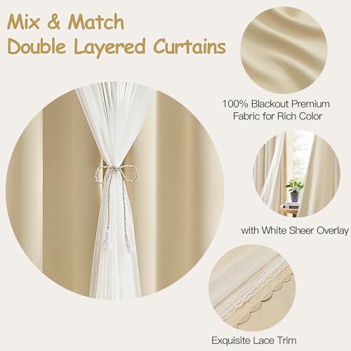 Image of XiDi Beige Double Layer Curtains with Sheer Overlay for Girls Bedroom Living Room 2 Panels Beige Blackout Curtains 96 Inches Long for Kid Nursery Room Decor Thermal Insulated Grommet Drapes W34 x L96