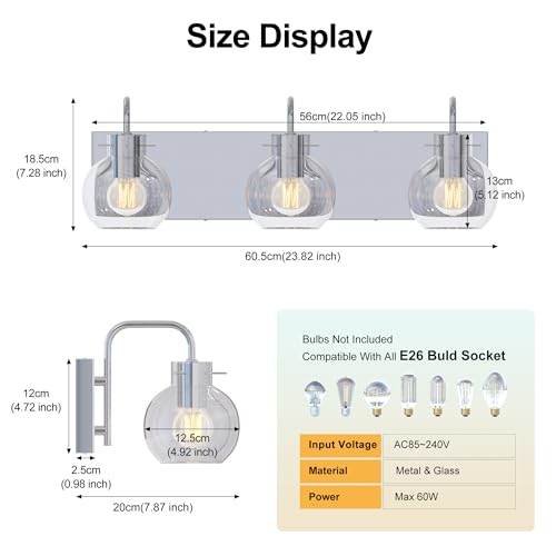 Image of 3-Light Bathroom Light Fixtures, Brushed Nickel Vanity Light, Modern Wall Lights with Clear Glass Shade, Bathroom Wall Lamp for Mirror Kitchen, Bedroom, Hallway,Living Room