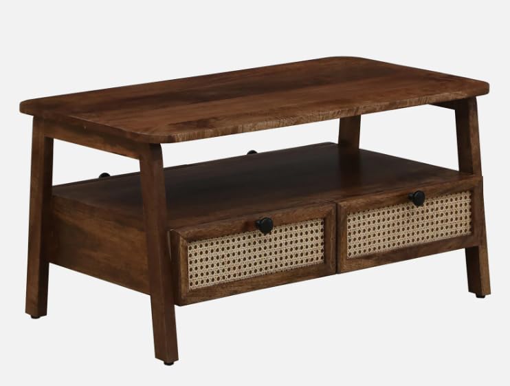 Image of Sheesham Wood Rectangular Cane Center Coffee Table for Living Room | Centre Table with 4 Drawer & Shelf Storage for Home, Office & Draweing Room | Brown Finish