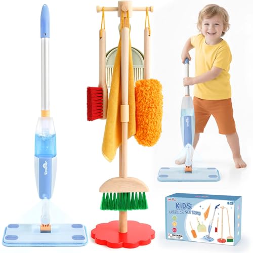 Dreamon Wooden Toddler Cleaning Set - 10Pcs Kids Cleaning Toy Set with Real Working Kids Spray Mop Montessori Cleaning Toys with Broom and Mop Set for Toddlers Girls Boys Age 3-6