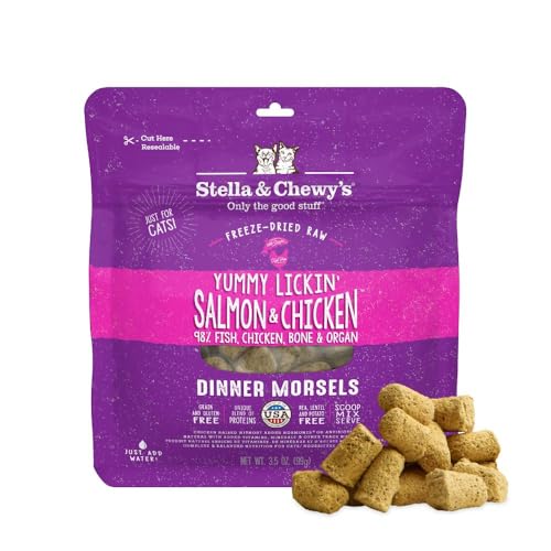 Stella & Chewy's Freeze-Dried Raw Cat Dinner Morsels - Premium Salmon & Chicken Recipe with 98% Wild-Caught & Cage-Free Protein - Natural Grain-Free Cat & Kitten Food - Made in USA - 3.5 oz