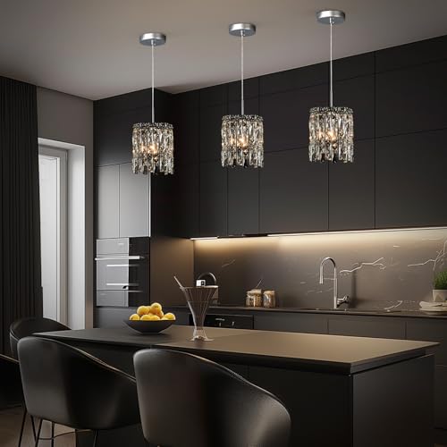 Image of Modern Chrome Crystal Pendant Lights for Kitchen Island Set of 3