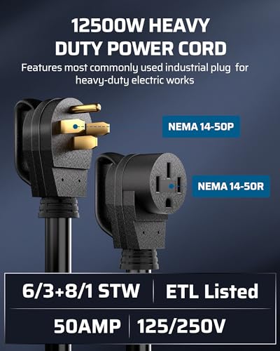 DEWENWILS 50 Amp RV Extension Cord, 125/250VAC 12500W Heavy Duty EV Power Cord, NEMA 14-50P to 14-50R 6/3+8/1 Copper Wire, STW Outdoor Waterproof Power Cable, for RV, EV, Camper, 10 Feet, ETL Listed - Image 3