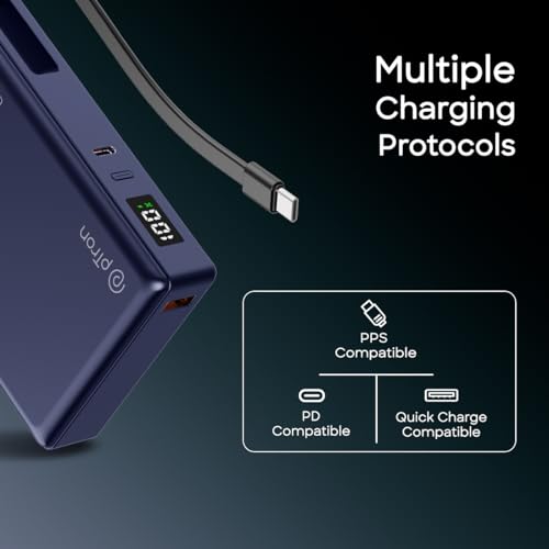 Image of pTron Dynamo Sprint 20000mAh 35W Super Fast Charging, USB Type-C Input Power Bank Compatible with QC3.0 /PD3.0, Built-in Charging Cable, 3 Charging Outputs, Type-C Input /Output Port (Indigo Blue)