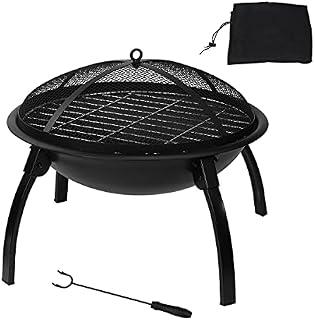 DAWOO 55cm Fire Pit for Outside Outdoor Wood Burning Small Bonfire Pit Steel Firepit Bowl for Patio Camping Backyard Deck Picnic Porch,with Spark Screen,Log Grate,Poker