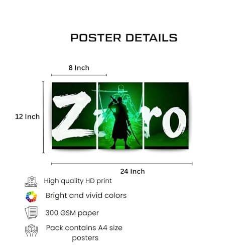 Image of One Piece Anime Manga Poster, One Piece Character Design Wall Poster 3 Panal - A4 Size, 300 GSM, Wall Decor Posters Wall Art For Bedroom, Living room, Office, Dining Room,No Frame (Zoro-5)
