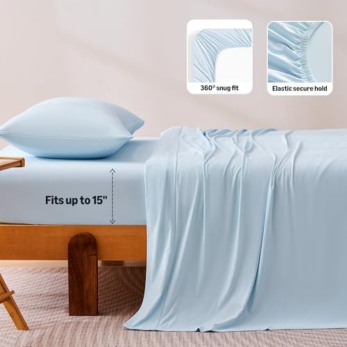 Image of Amazon Basics Cooling Sheets, 3-Piece Bed Sheet Set for Summer, Soft and Breathable for Hot Sleepers, Bedding with 1 Deep Pocket Fitted Sheet, 1 Flat Sheet, and 1 Pillowcase, Twin, Blue