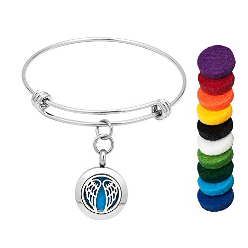 Infinite Memories Expandable Bangle Bracelet Angel Wing Pendant Aromatherapy Essential Oil Diffuser with Refill Pads Perfume Locket for Women Girls