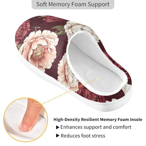 JUNZAN Vintage Peony Burgundy Womens House Cotton Slippers Lightweight Memory Foam Ladies Slippers for Hotel Funny Presents 6-72