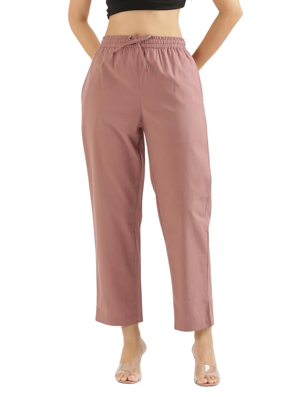 Image of SAADAA Cotton Straight Pants for Women | Breathable Everyday Wear Trousers | Drawstring, Deep Pockets & Elastic Waistband | Casual & Comfortable Fit