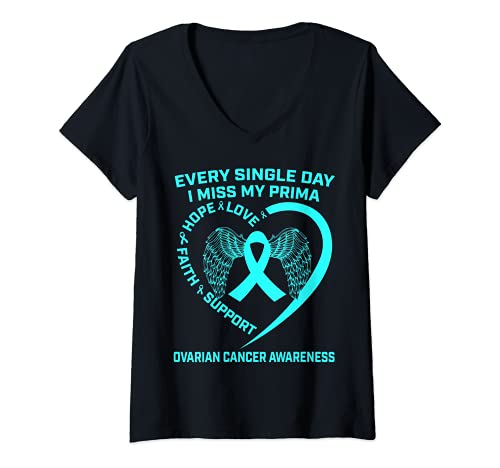 Femme Ruban bleu sarcelle en mémoire de Prima Ovarian Cancer Sensibilisation au cancer T-Shirt avec Col en V
