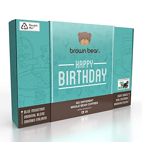 Happy Birthday Coffee Beans Gift Box Set for Coffee Lovers - 6 Blends in 1 Pack - Light Medium Dark Roast - For Him & Her - Brown Bear - Suitable for all Machines - Strength 3 4 5 Men Women