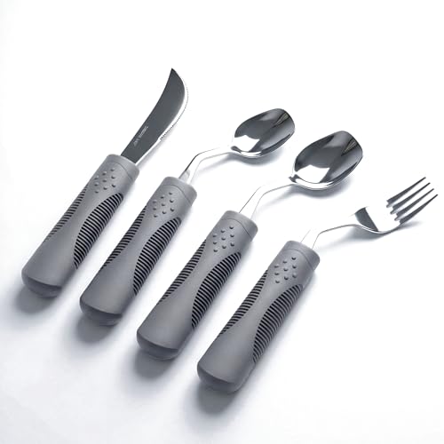 BaseSmall Adaptive Utensils 4-Piece Set | Weighted Silverware for Hand Tremors & Parkinson's | 42° Angled Rocker Knife & Shovel Spoon | 200g Weighted Utensils for Arthritis, Elderly (Grey,