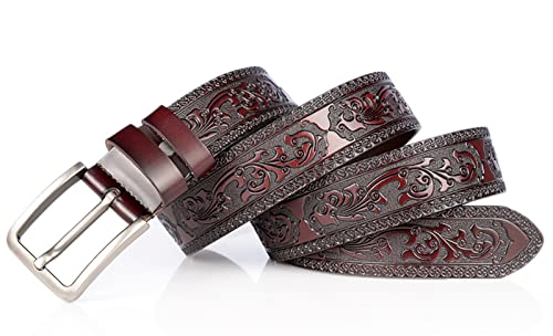 Men's Casual Genuine Leather Jeans Belts Vintage Leather Engraved Strap with Single Prong Buckle3