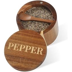 Timtopno PEPPER Cellar, Acacia Wood Salt Container with Built-in Spoon & Swivel Lid, Engraved PEPPER Box, Salt Holder Bowl for Countertop Seasoning Storage