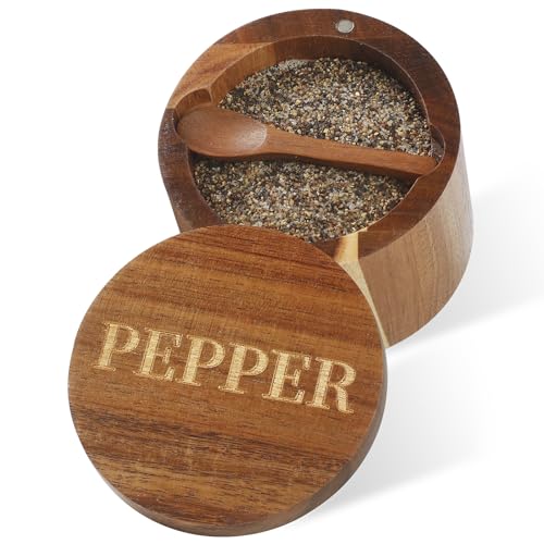 Timtopno PEPPER Cellar, Acacia Wood Salt Container with Built-in Spoon & Swivel Lid, Engraved PEPPER Box, Salt Holder Bowl for Countertop Seasoning Storage