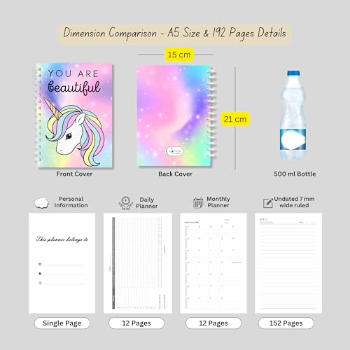 Image of You Are Beautiful Unicorn A5 Spiral Notebook Diary for Girls & Women | 192 Pages Ruled Journal with Daily & Monthly Planner | Hard Bound Cover | Twin Wire Binding | Motivational Unicorn Theme Notebook for Writing, Study & Gifting