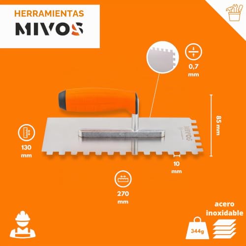Miniatura 2 de Mivos Llana Dentada Profesional 10 X 10 - Tabla Dentana 270 X 130 Para Cola - Acero Inoxidable - Mango Suave - Tabla De Albañilería - Dentado De 10 Mm