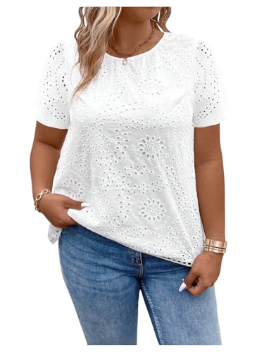 SweatyRocks Women's Plus Size Short Sleeve Split Back Eyelet Boho Casual Shirt Top Blouse3