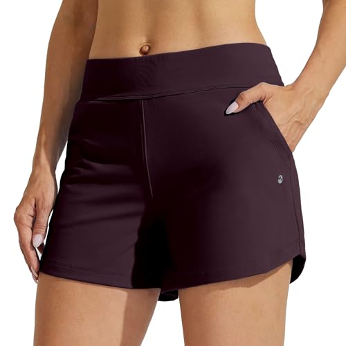 WILLIT Damen Badeshorts Swim Board Shorts Badehose Schwimmen Bottoms Tummy Control Bikini Shorts Beachshorts 3 5 Zoll mit Liner Weinrot M