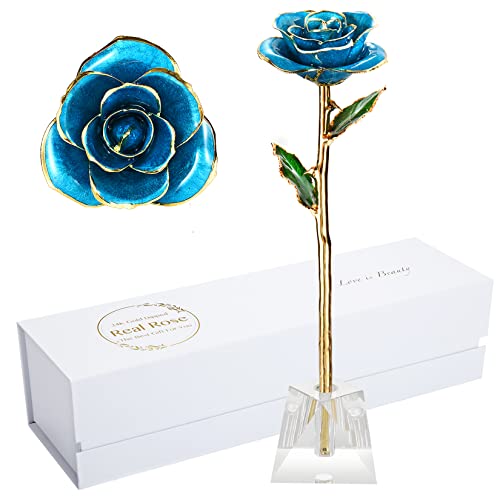 Mom Gifts Gold Rose,Gold Dipped Rose Made from Real Rose Gifts for her and Best Gifts for Mother Gold Roses (SkyBlue Rose with Crystal Stand)