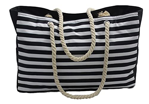 Beach-Tote-Bag-Large-Waterproof-Sandproof-with-YKK-Zippered-top-cotton-rope-handles-and-multiple-pockets-Black