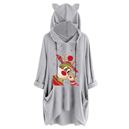 Weihnachten Damen Hoodie Kleid Pullover Langarm Kitzohren Sweatshirts Kapuzenpullover Tops Herbst Lange Ärmel Einfarbig Mantel Jacke