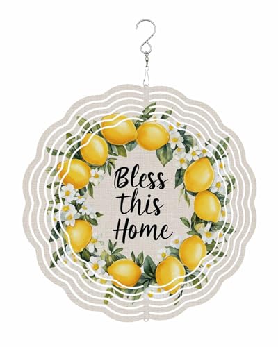 Bless This Home Wind Spinners, Lemon Flower Linen Texture Hanging Wind Spinners for Yard and Garden 3D Stainless Steel Metal Sculptures Crafts Ornaments 8 Inch
