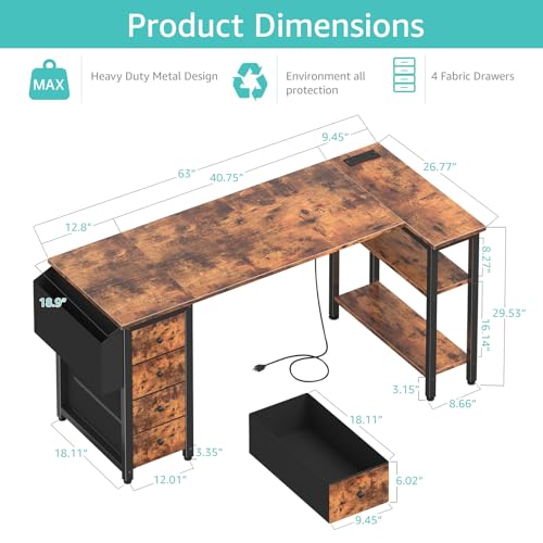 Lufeiya L Shaped Computer Desk with Drawers & Storage Shelves, 63 Inch Corner Desk with Power Outlet for Home Office Bedroom, L-Shaped Teen PC Gaming Desks with Fabric Drawer, Rustic Brown