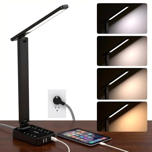 Image of Addtam LED Desk Lamp, Power Strip with 3 Outlets 4 USB Charging Ports(2 USBC), 4 Modes 5 Level Brightness Touch Lamp, Small Desk Lamp for Home Office College Dorm Room Essentials, 10 FT