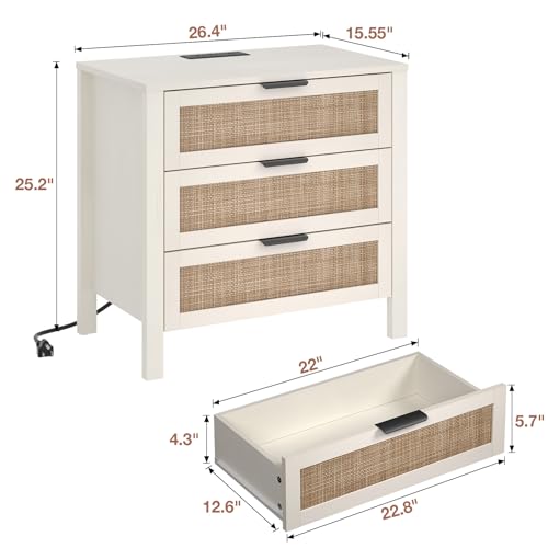 HOMMPA Rattan Night Stand with Charger Station Set of 2, 26'' Wide Boho Nightstand with 3 Drawer, Modern Bedside Table with Plug, Bed Side End Table Dresser with Open Shelf for Bedroom, Beige - image 2