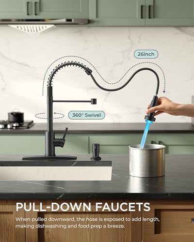 Image of FORIOUS LED Kitchen Faucet with Pull Down Sprayer Black, Modern Single Handle Stainless Steel Commercial Spring Sink Faucet with LED Light for Pot Filler, Farmhouse Camper Bar Laundry Room