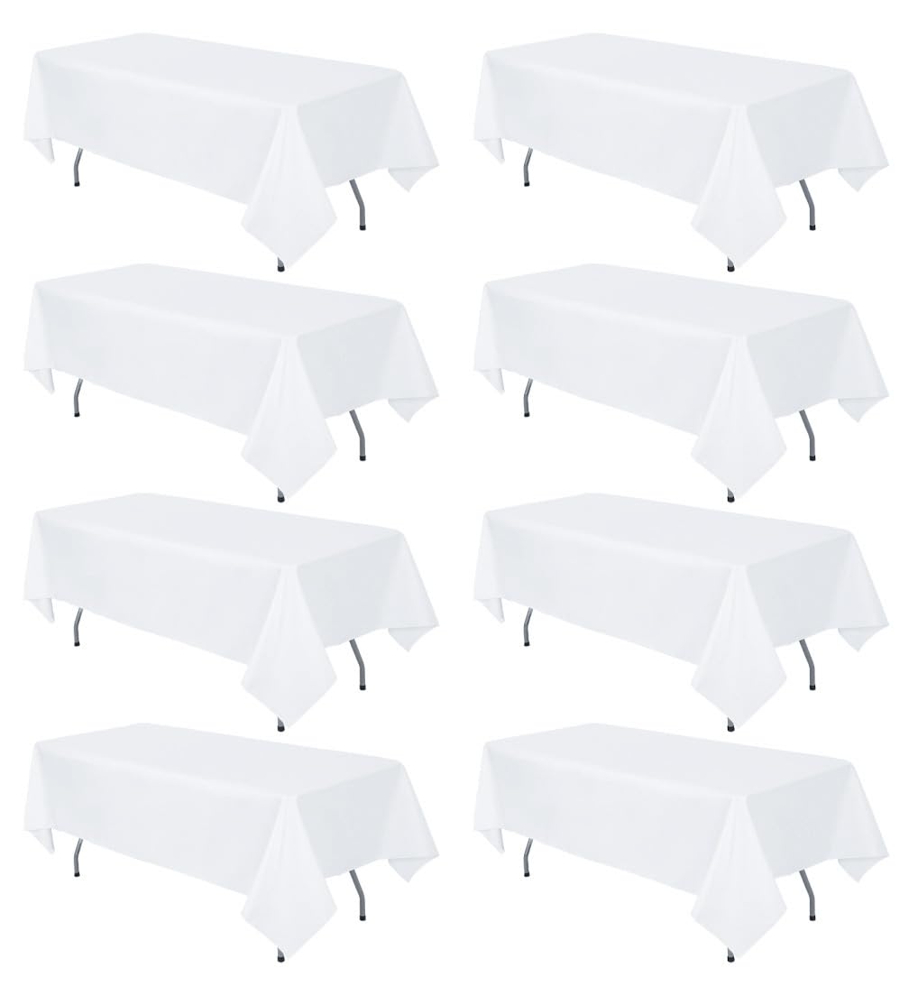 8 Pack White Tablecloth 60 x 102 Inch Rectangular Table Cloth for 6 Foot Rectangle Tables, Wrinkle Resistant Washable Polyester Fabric Table Covers for Wedding Party Banquet Buffet and Camping
