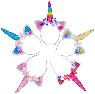Unicorn Horn Headband Flower Ears Headband Rainbow Color 5 Pack in Different Design for Girl Party Birthday Cosplay Festivals